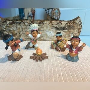 Vintage, Set of 4 Native American figurines dancing around a fire